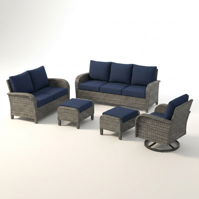 Outdoor Patio Conversation Set Designed for All-Weather Use, 6-Piece Steel Frame, High-Density Cushions, Blue