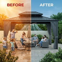 12'X14' Hardtop Gazebo, Heavy Duty Aluminum Permanent Hardtop Gazebo Outdoor Pavilion with Curtains and Netting for Garden — Before & After