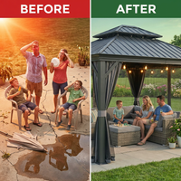 12'X14' Hardtop Gazebo, Heavy Duty Aluminum Permanent Hardtop Gazebo Outdoor Pavilion with Curtains and Netting for Garden — Before & After