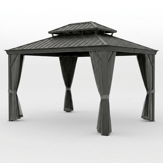 12'X14' Hardtop Gazebo, Heavy Duty Aluminum Permanent Hardtop Gazebo Outdoor Pavilion with Curtains and Netting for Garden — Studio Shot