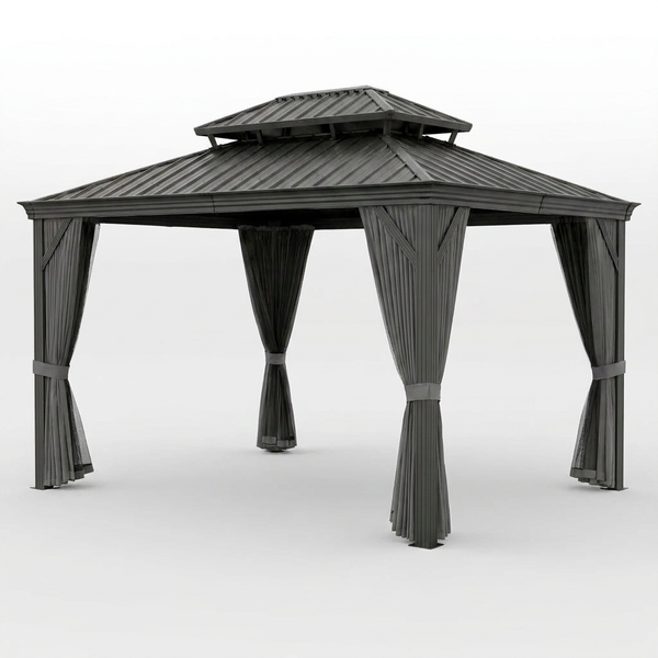 12'X14' Hardtop Gazebo, Heavy Duty Aluminum Permanent Hardtop Gazebo Outdoor Pavilion with Curtains and Netting for Garden — Studio Shot