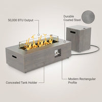 50000 BTU Coating Steel Propane Fire Pit Table in Gray Rectangular Modern Outdoor Gas Fire Table with Tank Holder — infographic