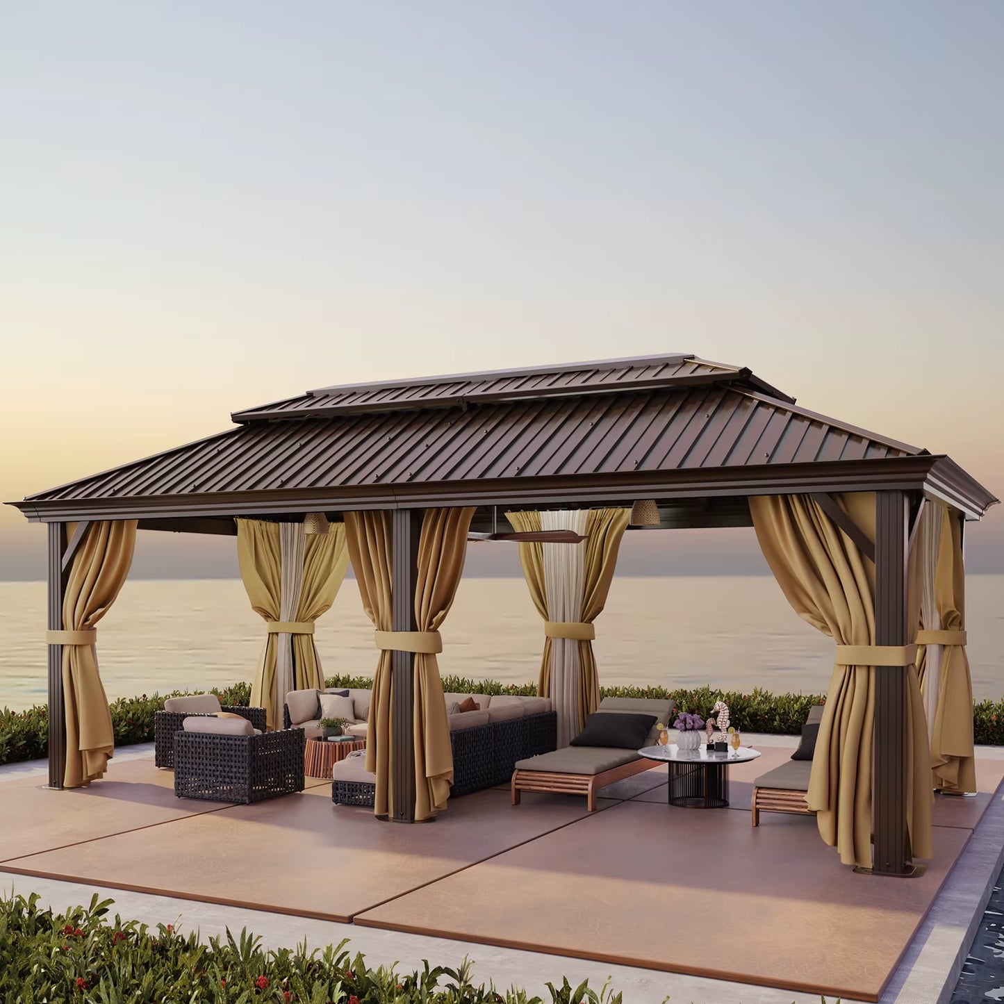 12×20 Hardtop Gazebo with Metal Roof, Heavy Duty Galvanized Steel Gazebo with Reinforced Aluminum Frame, Flame-Resistant Curtain