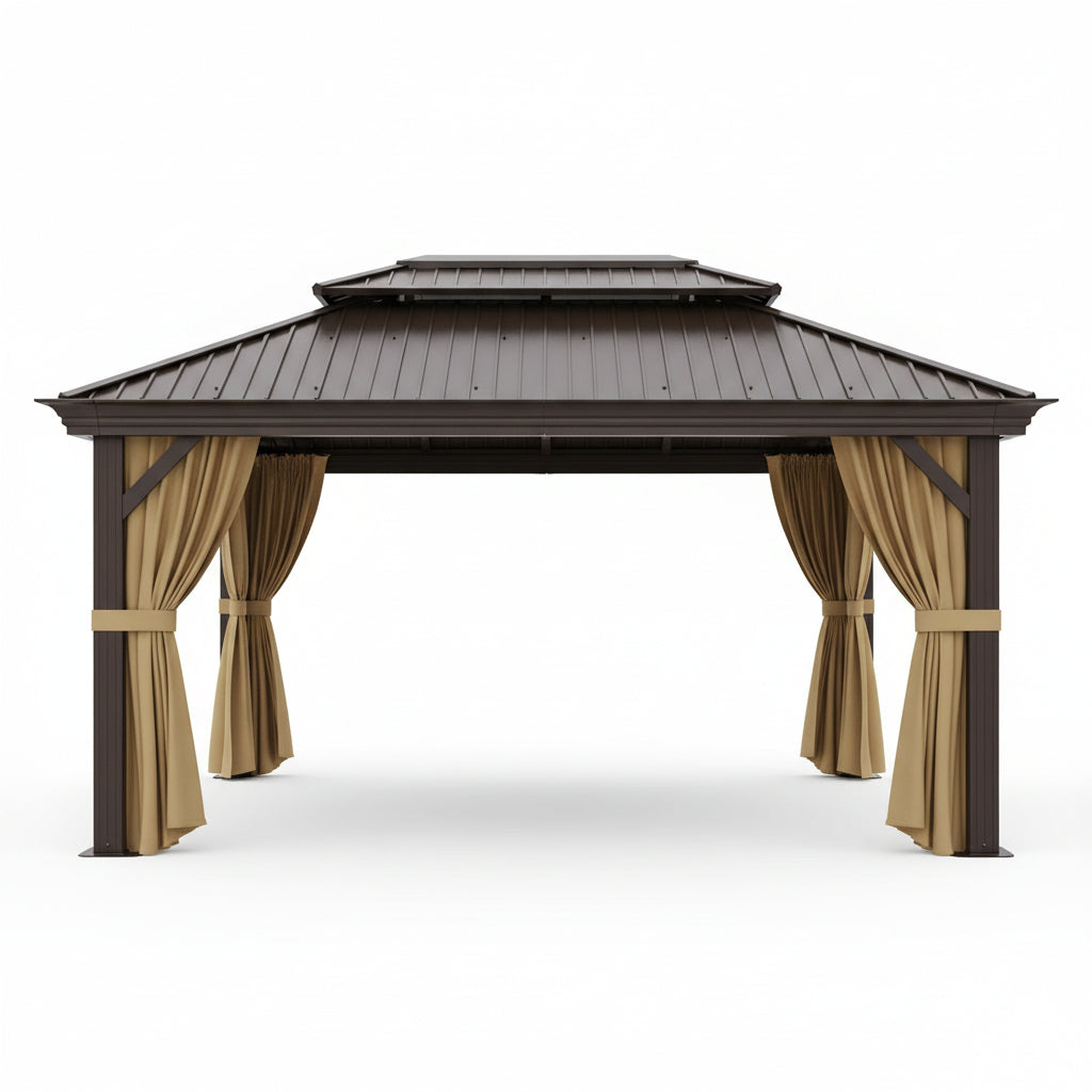 12×20 Hardtop Gazebo with Metal Roof, Heavy Duty Galvanized Steel Gazebo with Reinforced Aluminum Frame, Flame-Resistant Curtain
