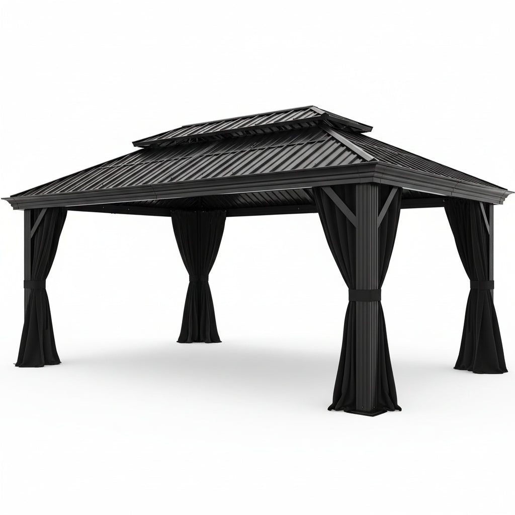 12×20 Hardtop Gazebo with Metal Roof, Heavy Duty Galvanized Steel Gazebo with Reinforced Aluminum Frame, Flame-Resistant Curtain