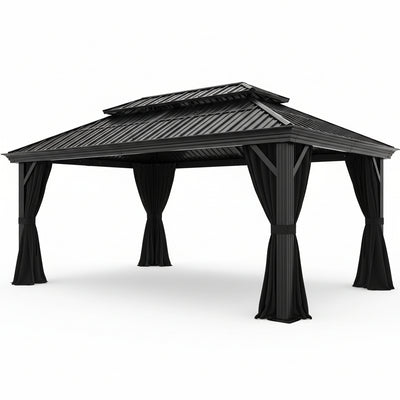 12×20 Hardtop Gazebo with Metal Roof, Heavy Duty Galvanized Steel Gazebo with Reinforced Aluminum Frame, Flame-Resistant Curtain