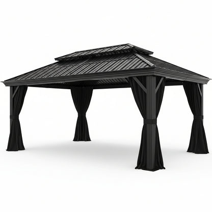 12×20 Hardtop Gazebo with Metal Roof, Heavy Duty Galvanized Steel Gazebo with Reinforced Aluminum Frame, Flame-Resistant Curtain