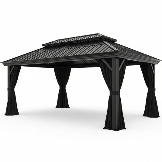 12×20 Hardtop Gazebo with Metal Roof, Heavy Duty Galvanized Steel Gazebo with Reinforced Aluminum Frame, Flame-Resistant Curtain