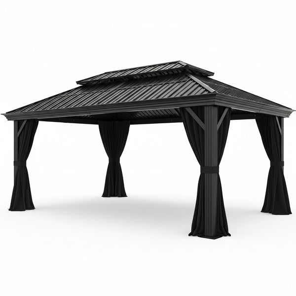 12×20 Hardtop Gazebo with Metal Roof, Heavy Duty Galvanized Steel Gazebo with Reinforced Aluminum Frame, Flame-Resistant Curtain