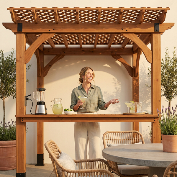 Cedar Wood Outdoor Pergola Built to Withstand 100 MPH Winds, 140 Sq Ft Shade, Built-in Bar, PowerPort