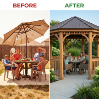 DIY Meridian 12 Ft. Octagon Enclosed Wood Outdoor Patio Gazebo with Brown Hardtop Metal Roof and 36 In. Guard Rail — Before & After