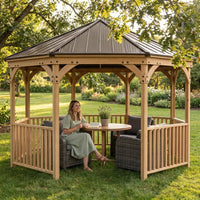 DIY Meridian 12 Ft. Octagon Enclosed Wood Outdoor Patio Gazebo with Brown Hardtop Metal Roof and 36 In. Guard Rail — Lifestyle