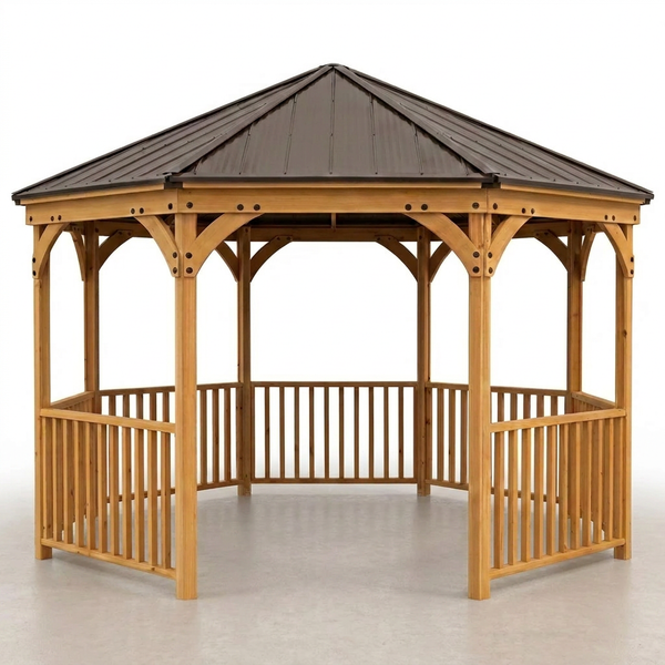 Outdoor Gazebo Built for Year-Round Use, 12 Ft Octagon Cedar Frame, Metal Hardtop Roof, 36 In Guard Rail