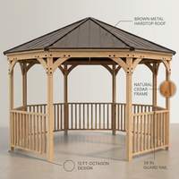 Outdoor Gazebo Built for Year-Round Use, 12 Ft Octagon Cedar Frame, Metal Hardtop Roof, 36 In Guard Rail — infographic