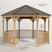 Outdoor Gazebo Built for Year-Round Use, 12 Ft Octagon Cedar Frame, Metal Hardtop Roof, 36 In Guard Rail — infographic