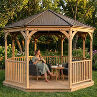 Outdoor Gazebo Built for Year-Round Use, 12 Ft Octagon Cedar Frame, Metal Hardtop Roof, 36 In Guard Rail — Lifestyle