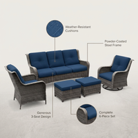 Patio Furniture Set 6-Piece Outdoor Patio Conversation Set with Blue Cushions Lawn Furniture — infographic