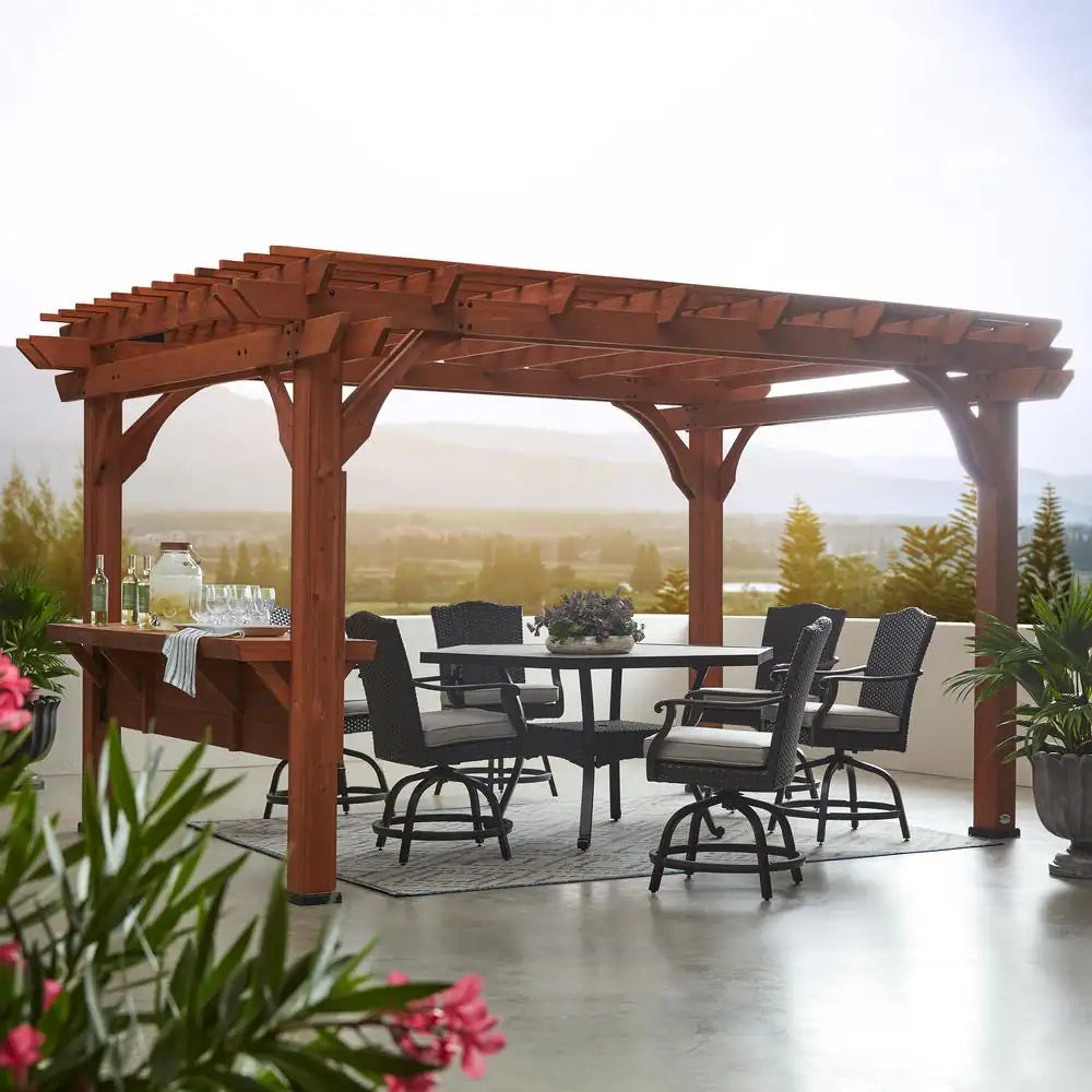 Ashland 10 Ft. X 14 Ft. All Cedar Wood Outdoor Pergola Shade Structure with Bar and Electric